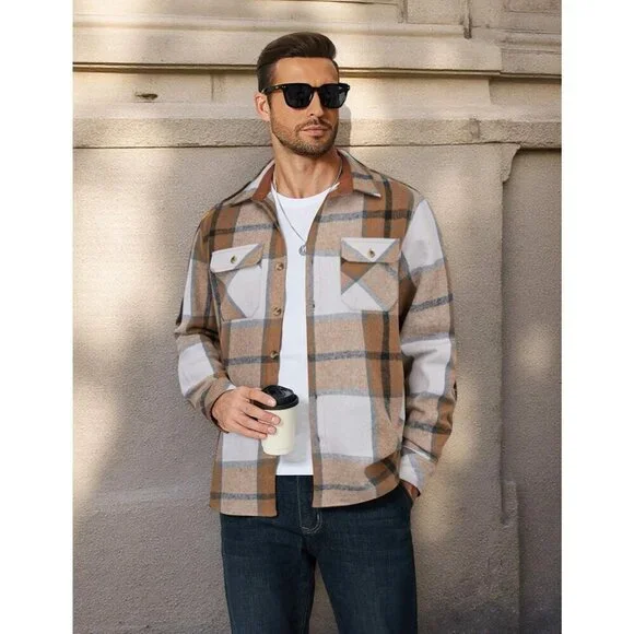 Coofandy Men Khaki Flannel Plaid Button Down Jacket Shirt with Pockets - Picture 4 of 5